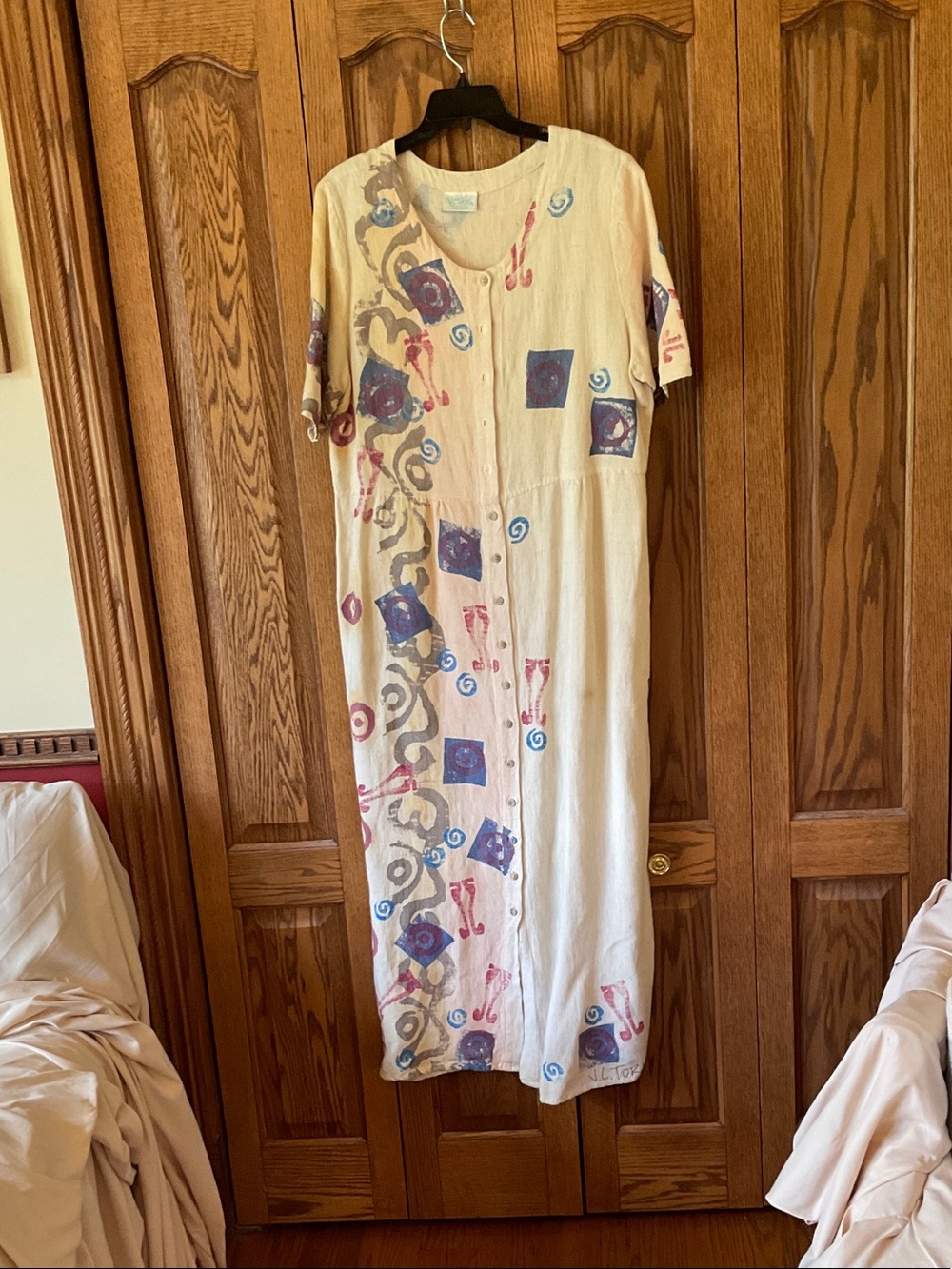 Hand Painted Cream Printed Button-Front Maxi Dress with Abstract Motif